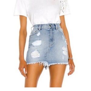 High-Waist Distressed Light Wash Denim Skirt